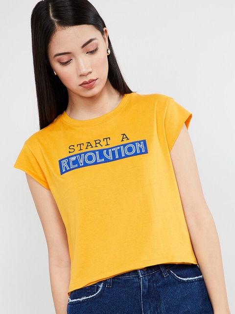 

max Women Yellow Printed Round Neck T-shirt