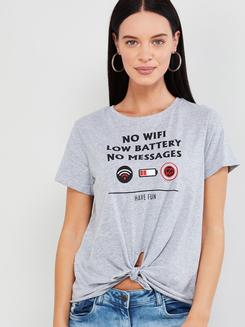 

max Women Grey Melange Printed Round Neck Cotton T-shirt