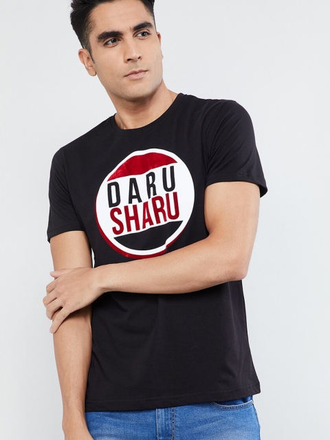 

max Men Black Printed Round Neck T-shirt