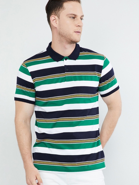 

max Men Green & White Striped Polo Collar T-shirt