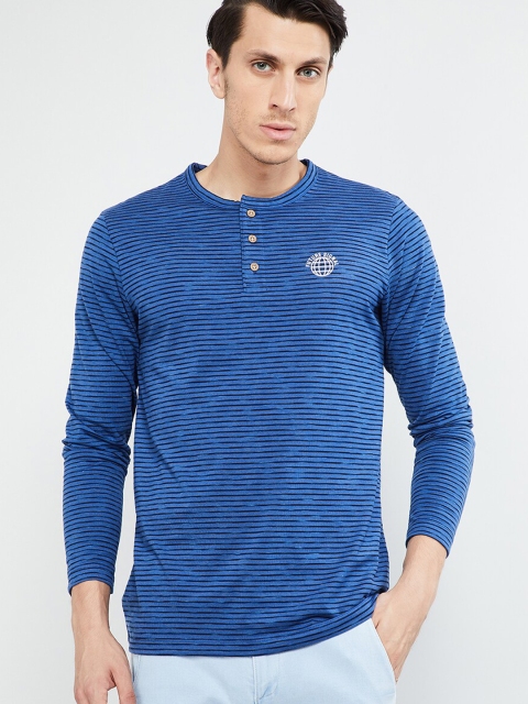 

max Men Blue & Black Striped Henley Neck T-shirt
