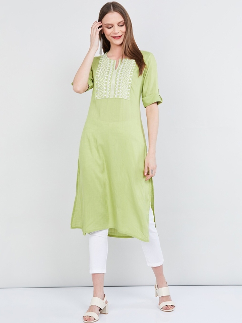 

max Women Lime Green Embroidered Straight Kurta