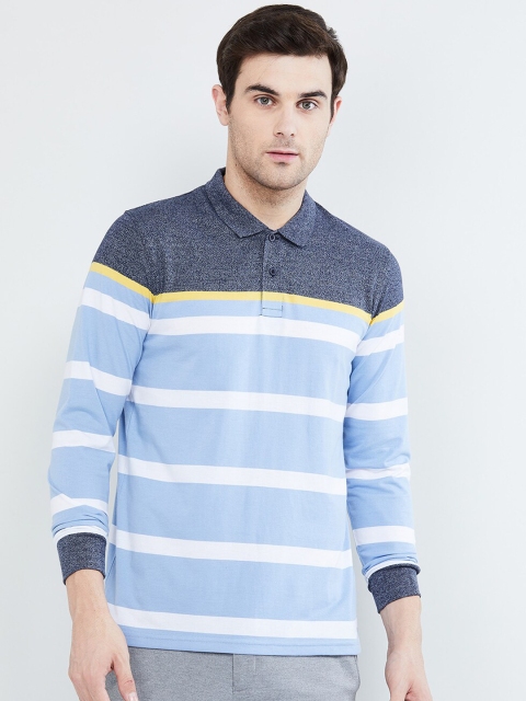 

max Men Blue Striped Polo Collar T-shirt