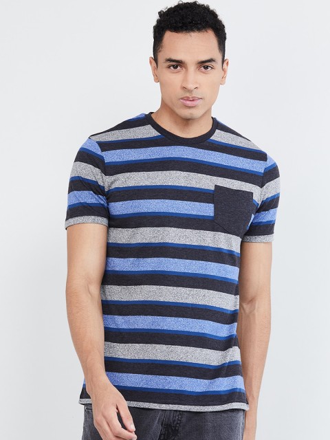 

max Men Black & Blue Striped Round Neck T-shirt