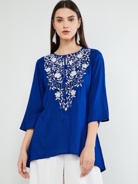 

max Women Blue & White Embroidered A-Line Kurti