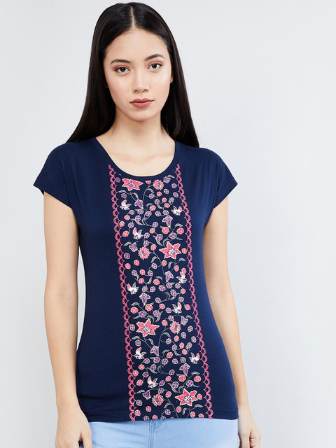 

max Women Navy Blue Printed Round Neck T-shirt