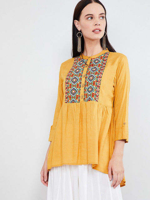 

max Women's Mustard Yellow & Blue Embroidered Tunic