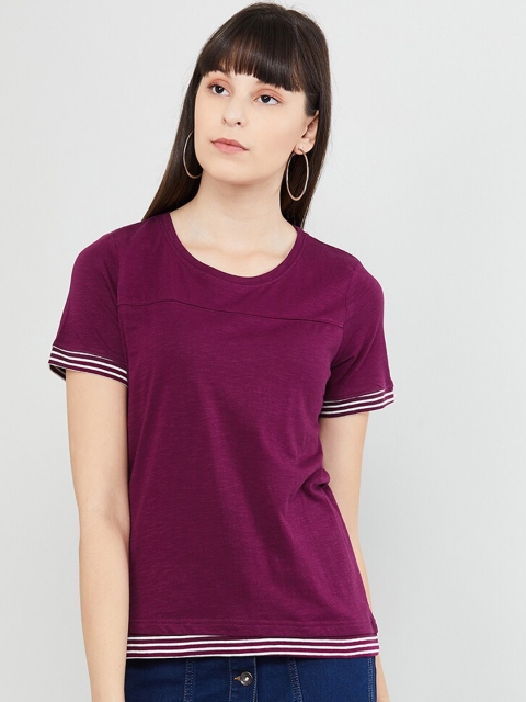

max Women Purple Solid Round Neck T-shirt
