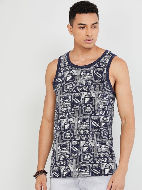 max Men Navy Blue Printed Round Neck T-shirt