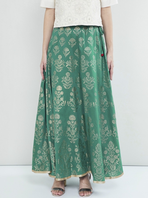 

max Women Teal Green & Gold-Toned Printed Flared Maxi Skirt