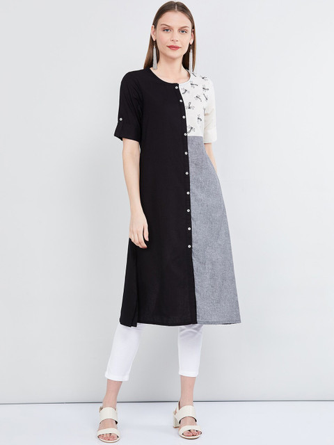 

max Women Black & White Colourblocked A-Line Panelled Kurta