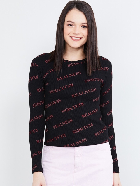 max Women Black Printed Round Neck T-shirt