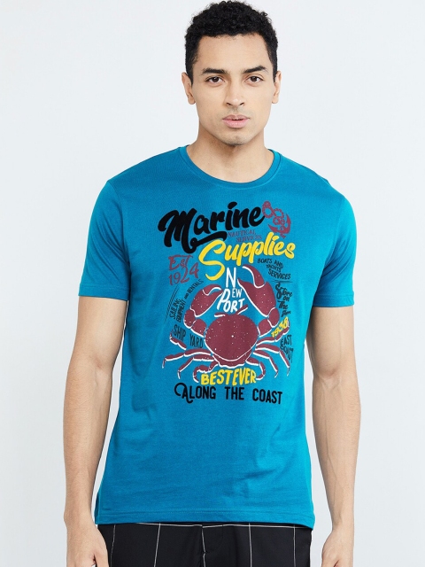 

max Men Blue Printed Round Neck T-shirt