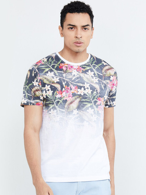 

max Men White Printed Scoop Neck T-shirt