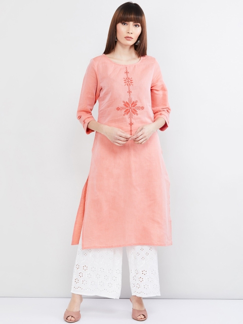 

max Women Pink & Red Embroidered Straight Kurta