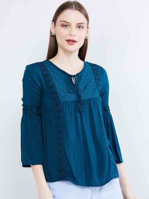 

max Women Teal Green Embroidered A-Line Top