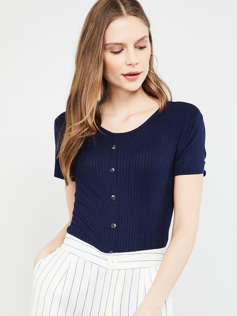 

max Women Navy Blue Solid Round Neck T-shirt