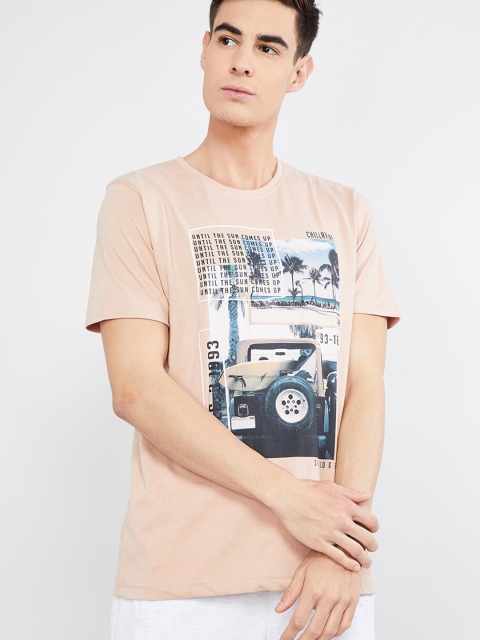 

max Men Peach-Coloured Printed Round Neck T-shirt
