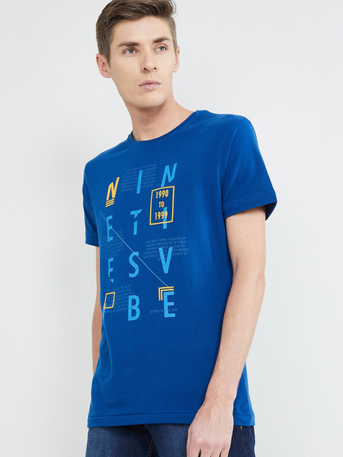 

max Men Blue & Yellow Printed Round Neck T-shirt