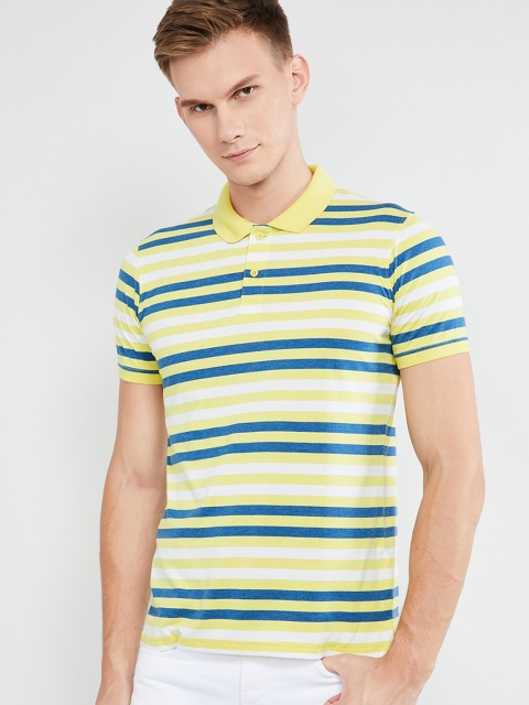 

max Men Yellow & Green Striped Polo Collar T-shirt