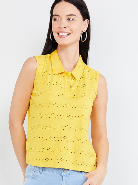 

max Women Yellow Self Design Polo Collar T-shirt