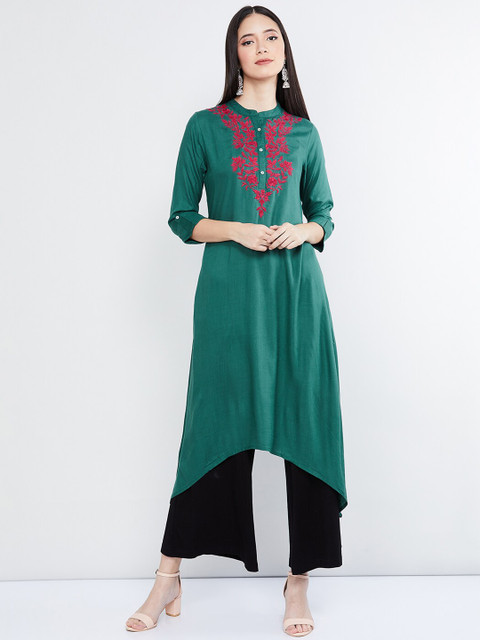 

max Women Green & Magenta Red Embroidered A-Line Kurta