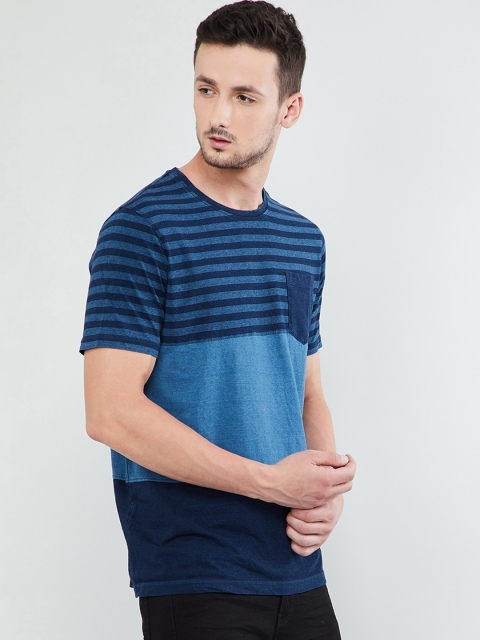 

max Men Blue Striped Round Neck T-shirt