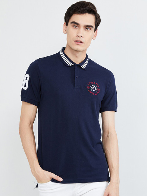 

max Men Blue Solid Polo Collar T-shirt
