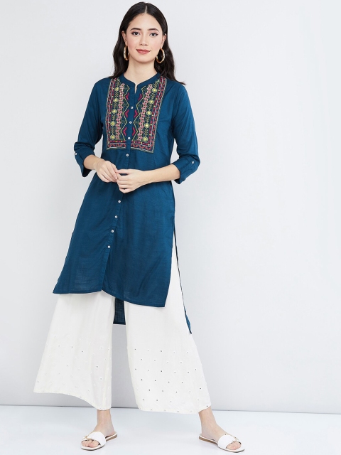 

max Women Blue Embroidered Straight Kurta