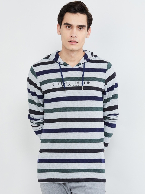 

max Men Grey Melange Striped Hood T-shirt