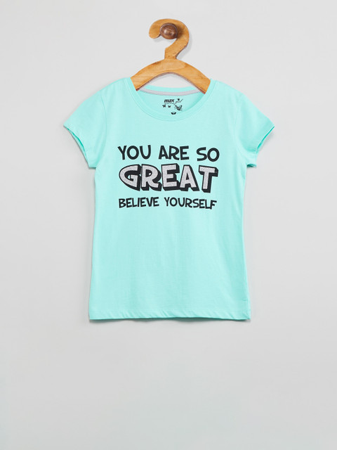 

max Girls Turquoise Blue Printed Round Neck T-shirt