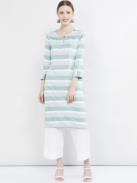 

max Women Mint Green & White Striped Straight Kurta