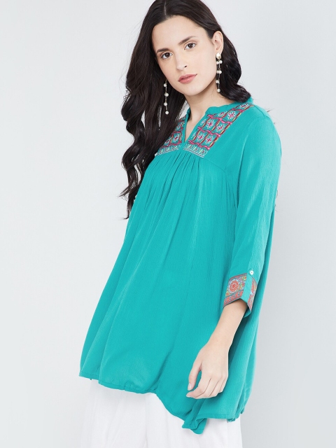 

max Women Teal Blue & Pink Yoke Design A-line Kurti