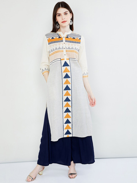 

max Women Off-White & Yellow Printed Straight Kurta