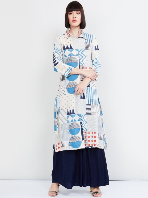 

max Women Off-White & Blue Printed Straight Kurta