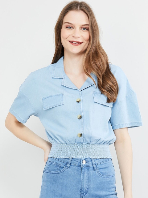 

max Women Blue Solid Blouson Crop Top