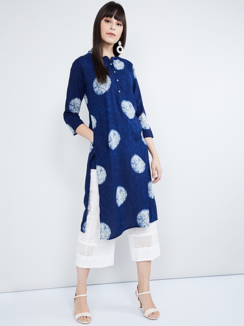 

max Women Navy Blue & Off-White Printed Straight Kurta