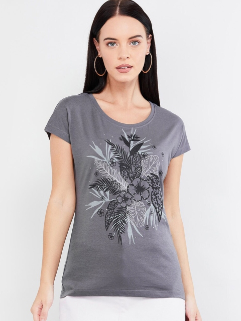 

max Women Grey Printed Round Neck T-shirt