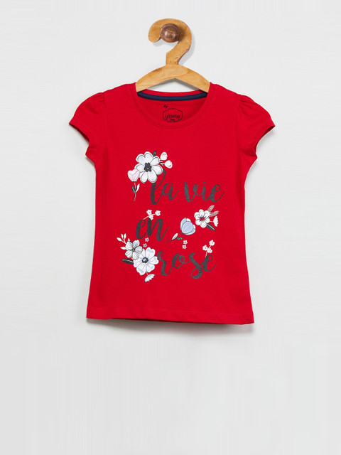 

max Girls Red Printed Round Neck T-shirt