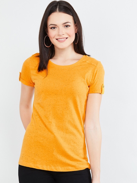 

max Women Mustard Yellow Solid Round Neck T-shirt