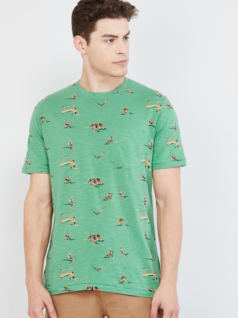 

max Men Green Printed Round Neck T-shirt