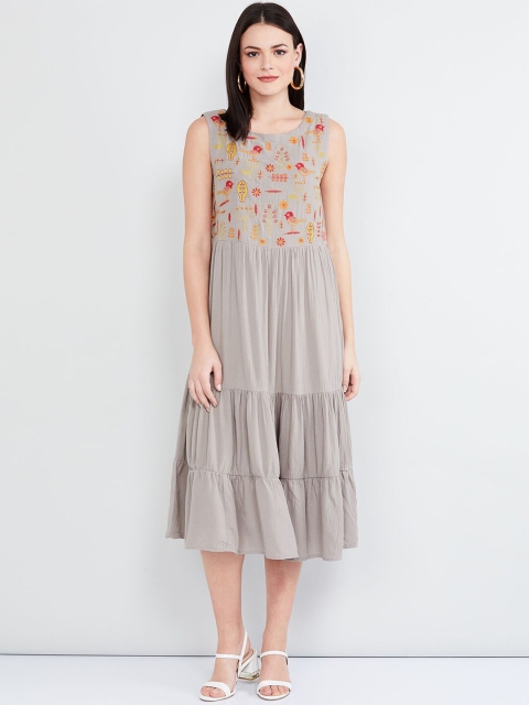 

max Women Taupe Self Design Embroidered A-Line Dress