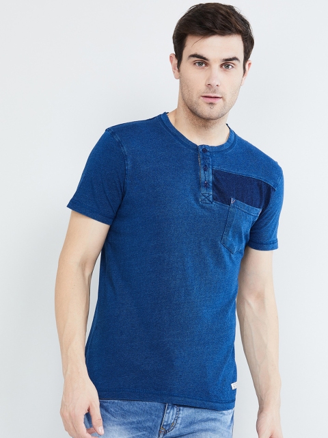 

max Men Blue Solid Henley Neck T-shirt