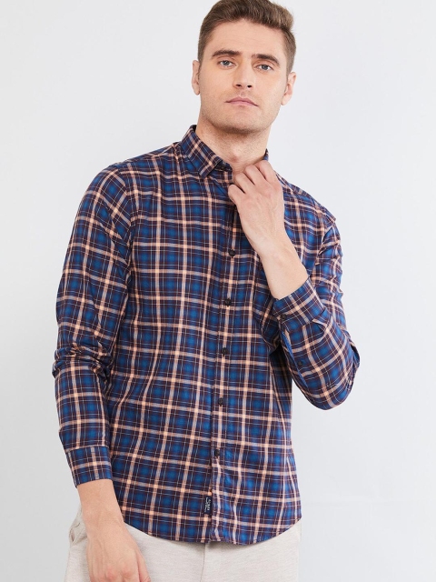 

max Men Beige & Blue Regular Fit Checked Casual Shirt