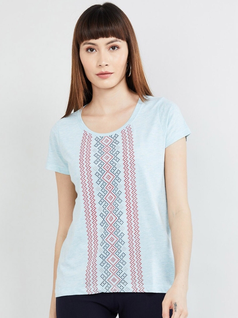 

max Women Blue Printed Round Neck T-shirt