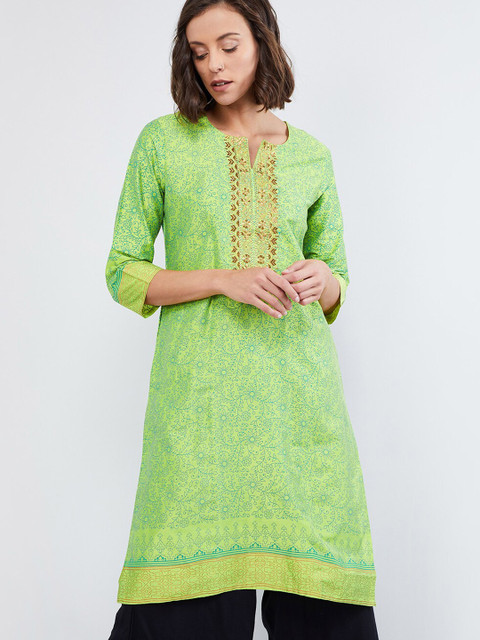 

max Women Lime Green & Gold Yoke Design Straight Kurta