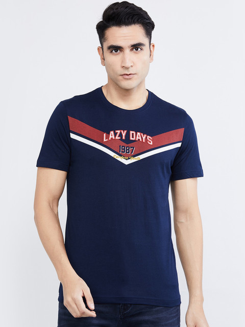 

max Men Blue Printed Round Neck T-shirt