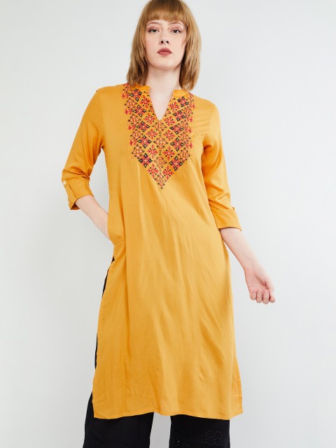 

max Women Mustard Yellow & Orange Embroidered Straight Kurta