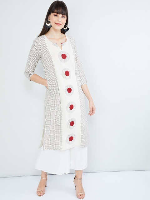 max Women Off-White & Grey Printed Straight Kurta