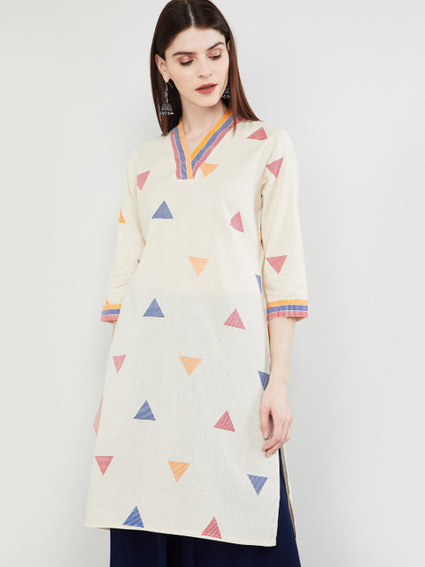 

max Women Off-White & Blue Printed Straight Kurta